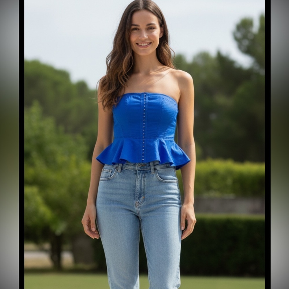Forenza Royal Blue Strapless Peplum Blouse